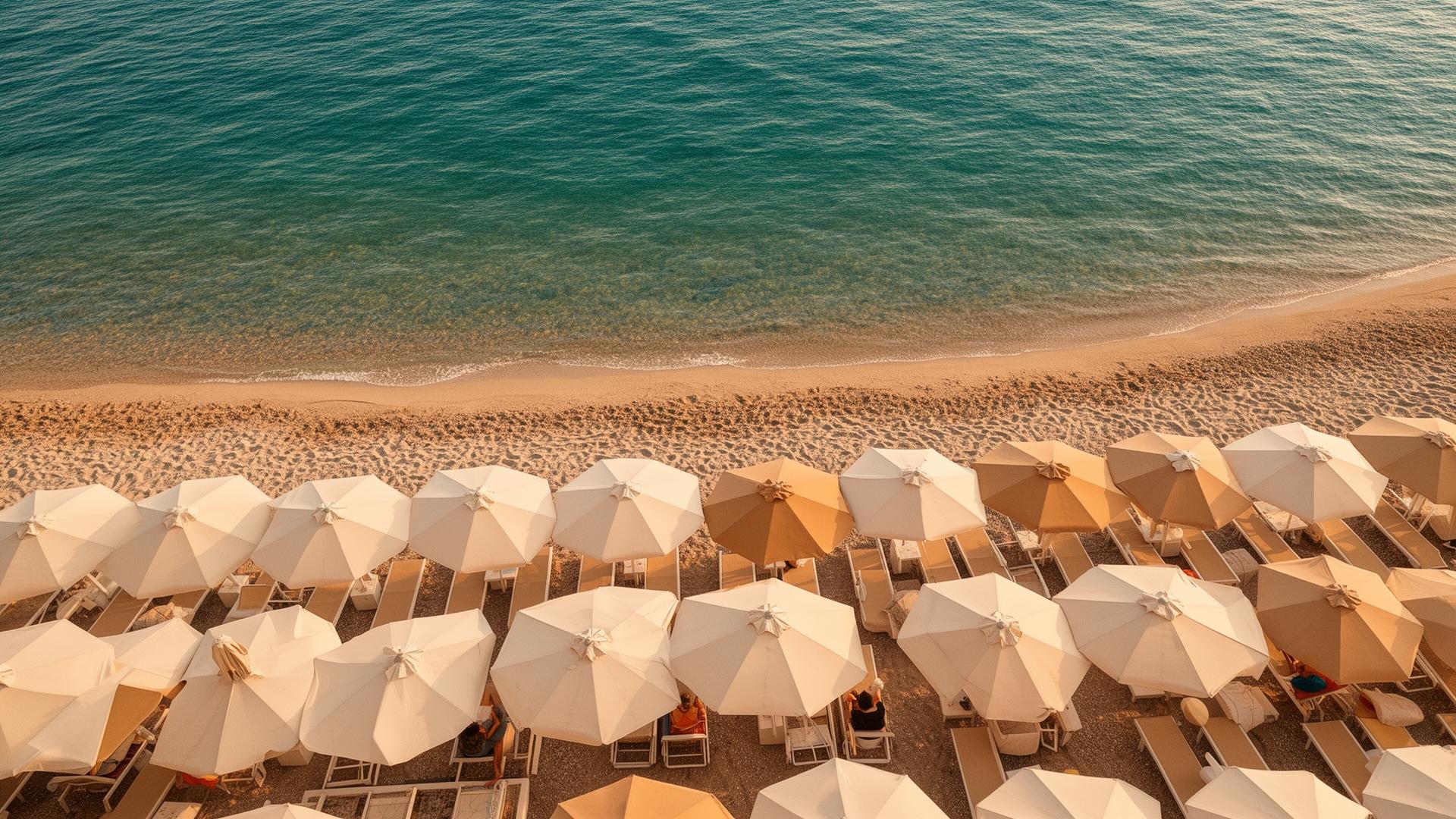 Aerial view of a row of beach umbrellas